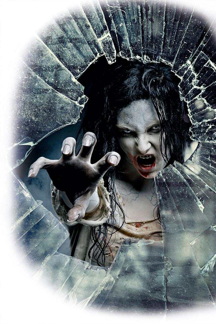Mulher, zumbi, assustador, espelho quebrado