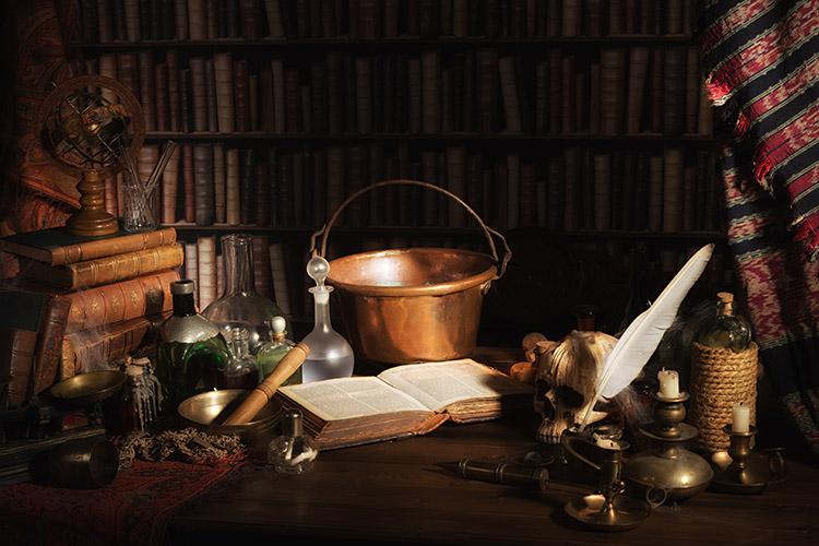 alquimia livros frascos medieval pena livro