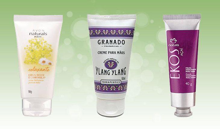 Na foto há três tipos de creme para as mãos