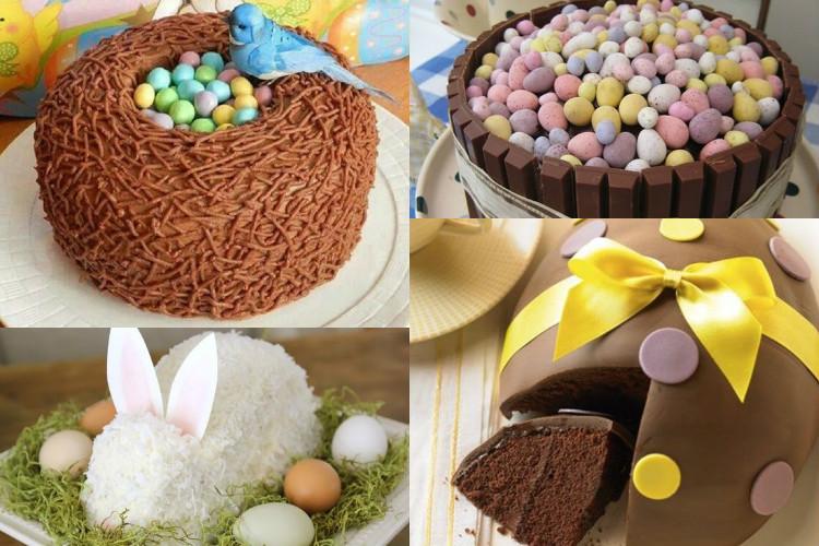 foto com quatro imagens. No canto esquerdo superior, um passarinho em um ninho de chocolate; no inferior, um ovo branco. No canto superior direito, um bolo de chocolate com muitos confeitos coloridos