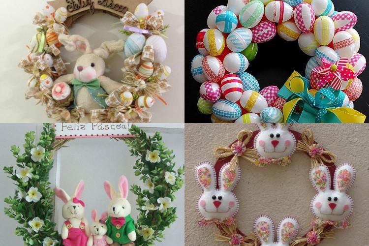 quatro guirlandas de páscoa com coelhinhos e ovinhos