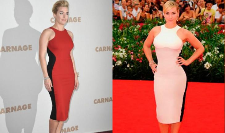 Montagem com 2 fotos da Kate Winslet usando illusion dress