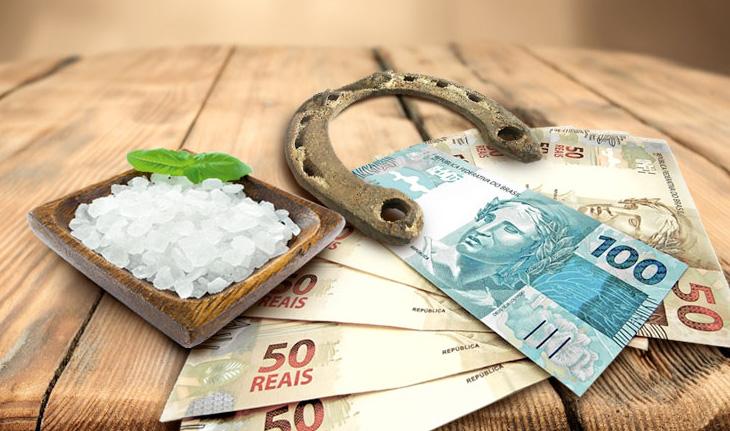 patuá de dinheiro com sal grosso ferradura notas de dinheiro