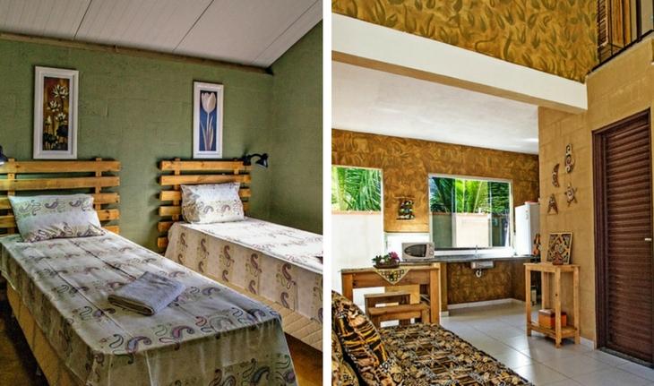 Foto da sala dos chalés da Pousada Nativos e do quarto com duas camas