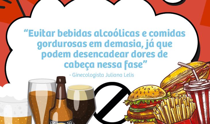 placa dicas 3 nas cores vermelha e branca com bebidas e lanches desenhados no rodapé e um balão de fala com os dizeres: “Evitar bebidas alcoólicas e comidas gordurosas em demasia, já que podem desencadear dores de cabeça