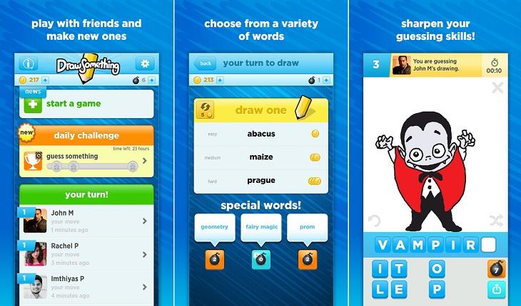 print de três telas de um smarpthone android com imagens do aplicativo draw something aplicativos de jogos