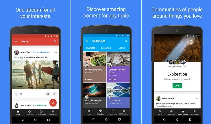 print de três telas de um smarpthone android com imagens do aplicativo google+
