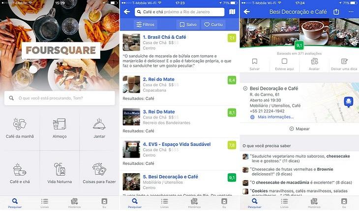 print de três telas de um smarpthone apple com imagens do aplicativo foursquare