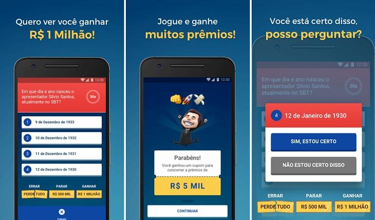 print de três telas de um smartphone android com imagens do aplicativo show do milhao aplicativos de jogos