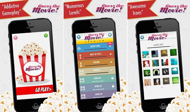 print de três telas de um smartphone apple com imagens do aplicativo guess the movie aplicativos de jogos