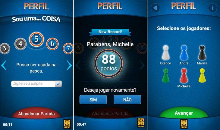 print de três telas de um smartphone apple com imagens do aplicativo perfil aplicativos de jogos