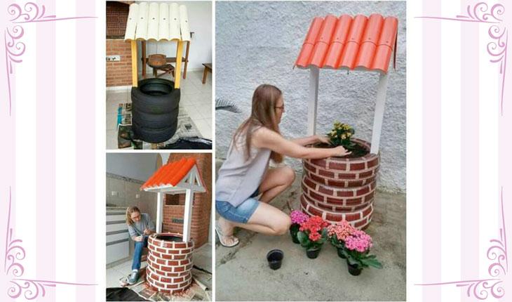 Na imagem h´auma foto centralizada mostrando como fazer um enfeite para jardim em formato de poço com pneus velhos. A primeira foto mostra 2 pneus empilhados com um suporte de madeira formando o telhadinho. A segunda foto mostra os pneus sendo pintados e a terceira e maior foto mostra o poço fake finalizado. Ao redor há uma moldura branca com detalhes em rosa.
