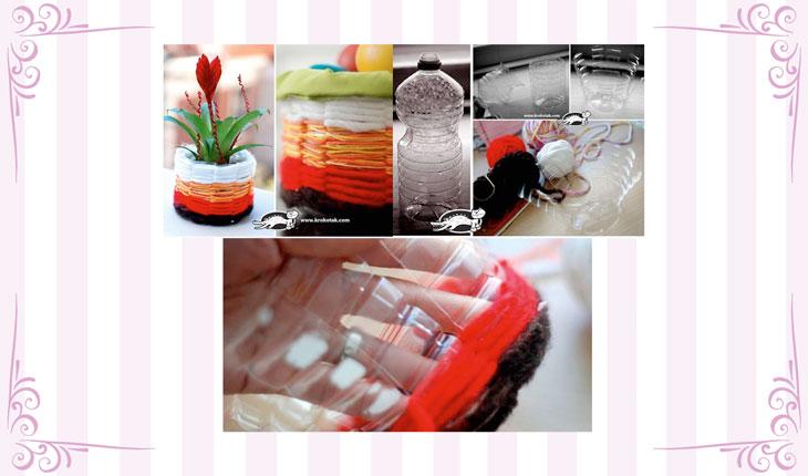 Na imagem há uma foto de um vasinho feito com o fundo de uma garrafa de plástico. Ao redor o fundo da garrafa está decorado com linhas nas cores preta, vermelho, laranja e branco. Dentro há uma planta com uma flor vermelha. Ao redor há uma moldura branca com detalhes em rosa.