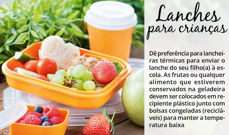 Na foto há uma lancheira laranja com várias frutas dentro. Ao lado está escrita a dica sobe como ficar livre de bactérias nas lancheiras das crianças: dê preferência para lancheiras térmicas para enviar o lanche do seu filho(a) à escola. As frutas ou qualquer alimento que estiverem conservados na geladeira devem ser colocados em recipiente plástico junto com bolsas congeladas (recicláveis) para manter a temperatura baixa.