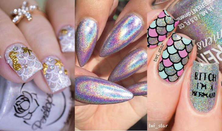 montagem com 3 fotos de unhas de sereia.