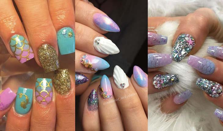 montagem com 3 fotos de unhas de sereia.