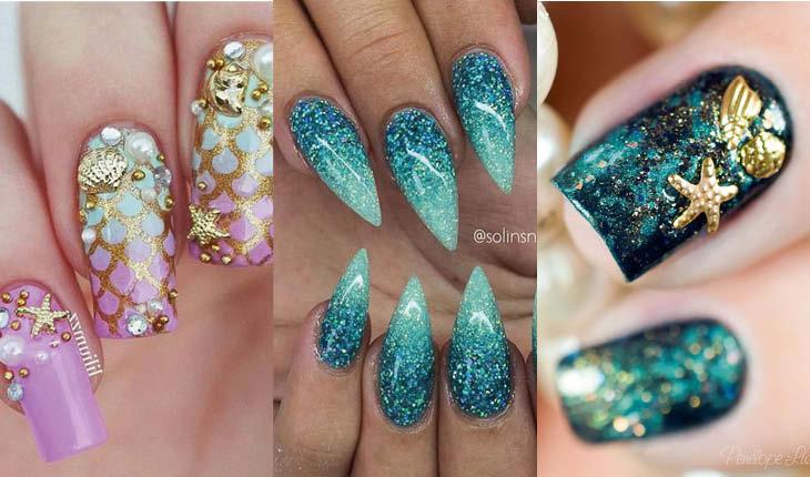 montagem com 3 fotos de unhas de sereia.