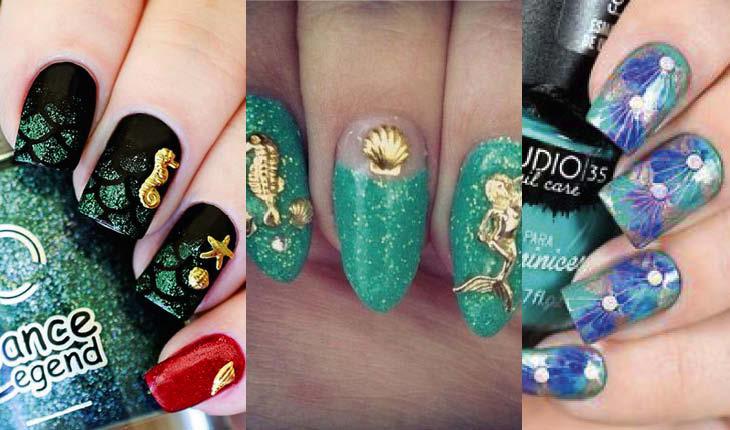 montagem com 3 fotos de unhas de sereia.