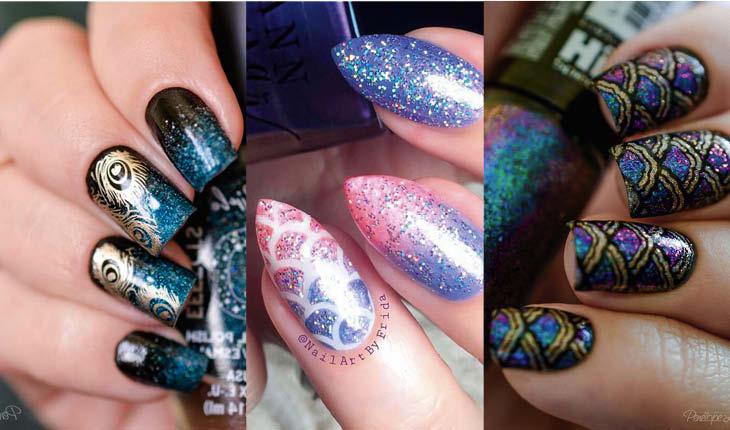 montagem com 3 fotos de unhas de sereia.