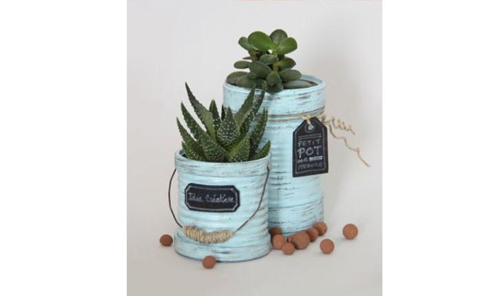 Na foto há latas de aço com um pegador pintadas de azul claro e com um desenho pintado de preto onde está escrito o nome da suculenta que está plantada naquele vasinho. Há pedrinhas ao redor decorando.