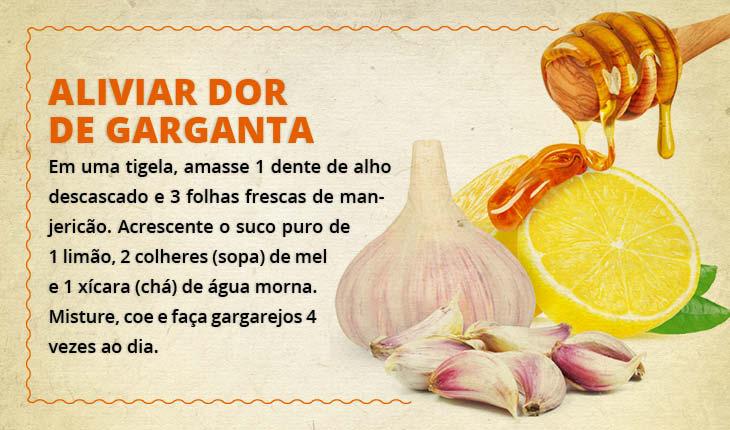 Fotomontagem com a receita de limão alho e mel para a dor de garganta