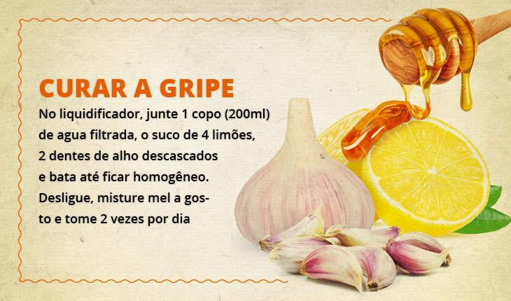 Fotomontagem com a receita de limão alho e mel para gripe