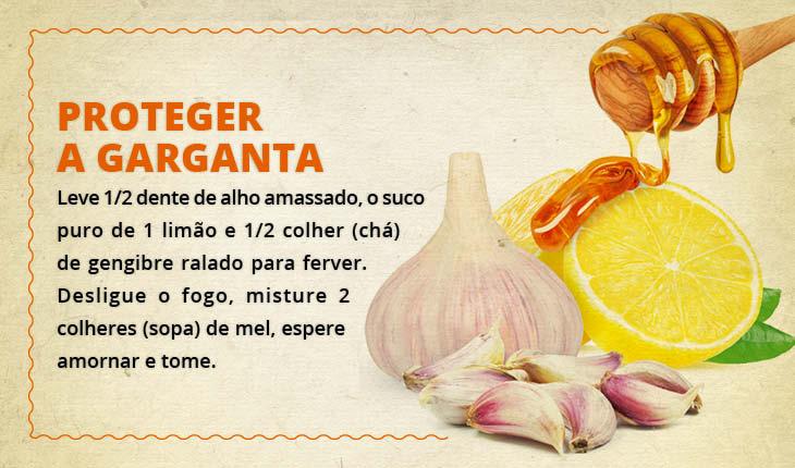 Fotomontagem com a receita de limão alho e mel para proteger a garganta