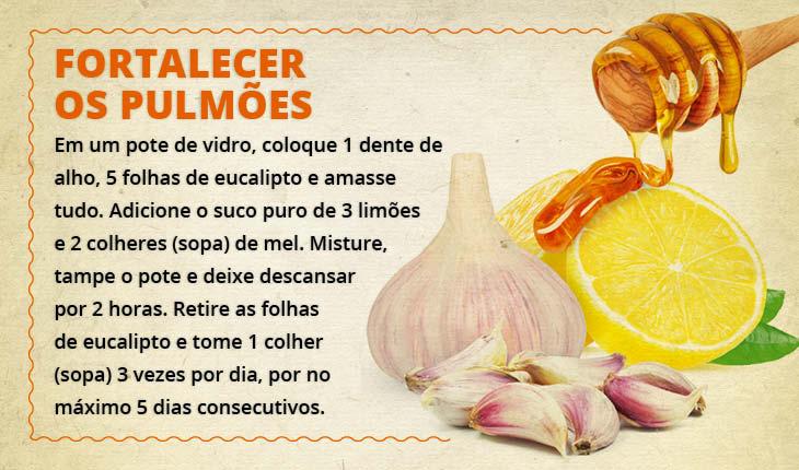 Fotomontagem com a receita de limão alho e mel para fortelecer o pulmão