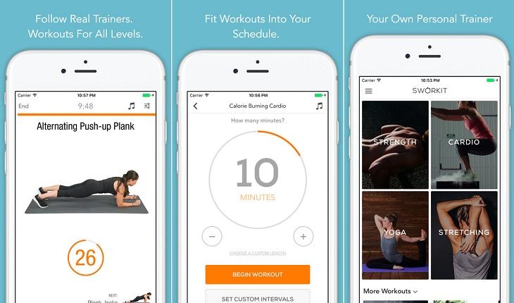 print de três telas de um smarpthone apple com imagens do aplicativo Sworkit