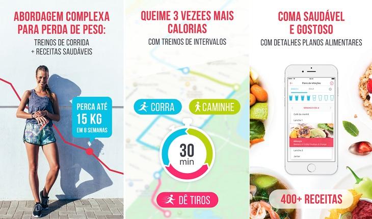 print de três telas de um smartphone apple com imagens do aplicativo Corrida Grynasis