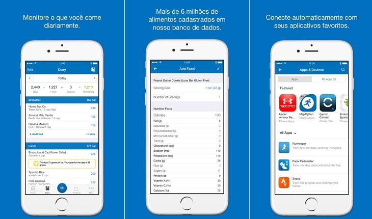 print de três telas de um smartphone apple com imagens do aplicativo myfitness pal