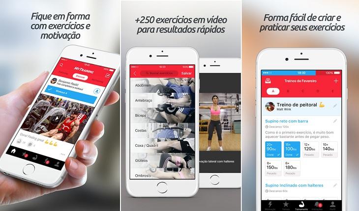 print de três telas de um smartphone apple com imagens do aplicativo MyTraining