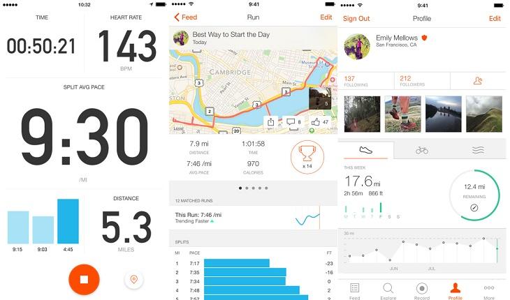 print de três telas de um smartphone apple com imagens do aplicativo Strava Running