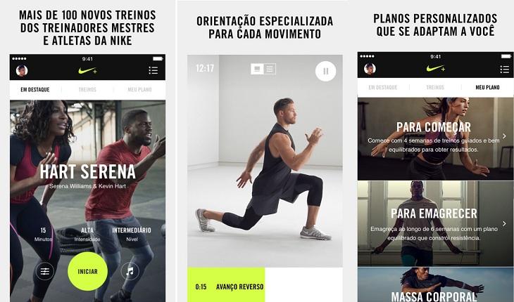 print de três telas de um smartphone com imagens do aplicativo nike trainning club