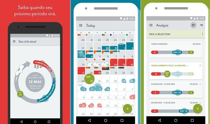 print de três telas de uma smartphone android com imagens do aplicativo clue calendario menstrual