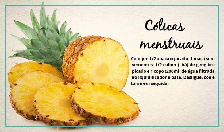 Foto montagem com receita de suco de abacaxi contra cólicas menstruais