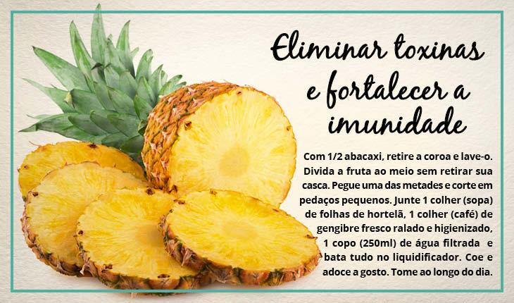 Fotomontagem com receita de suco de abacaxi para eliminar toxinas e fortalecer a imunidade