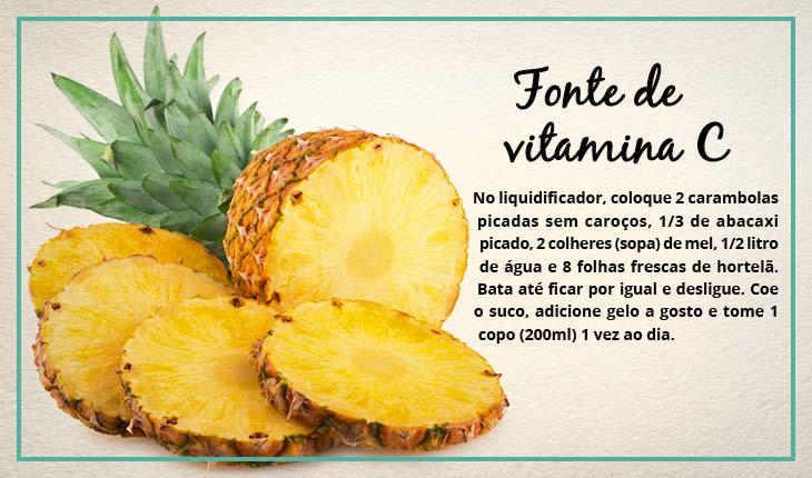 Fotomontagem com receita de suco de abacaxi fonte de vitamina c