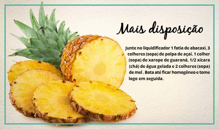 Fotomontagem com receita de suco de abacaxi para ter mais disposição