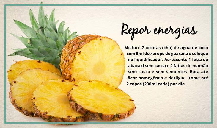 Fotomontagem com receita de suco de abacaxi para repor energias