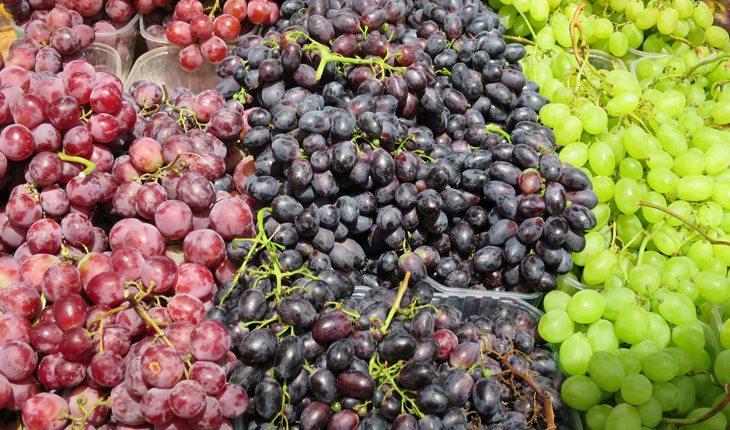 Na foto há uma banca de uvas
