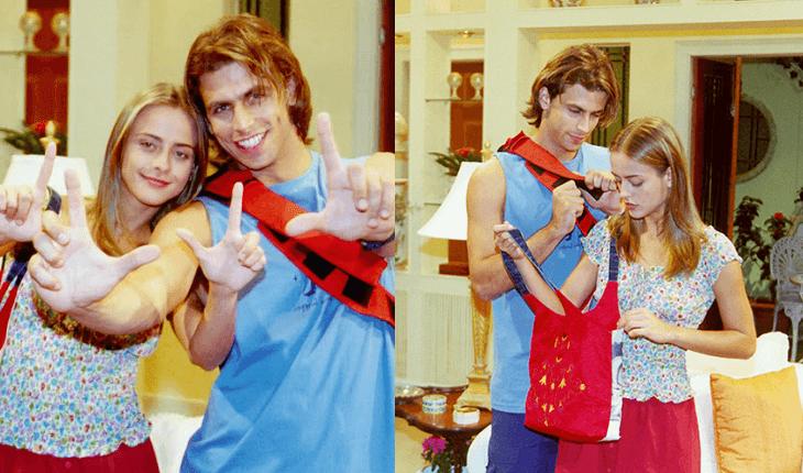 Casais de Malhação: Ju e Pedro de 2002. Os dois estão em uma sala de estar. EM uma das fotos, fazendo um sinal com as mãos em uma imagem posada. Na segunda, os dois mexem nas bolsas em uma cena da novela.